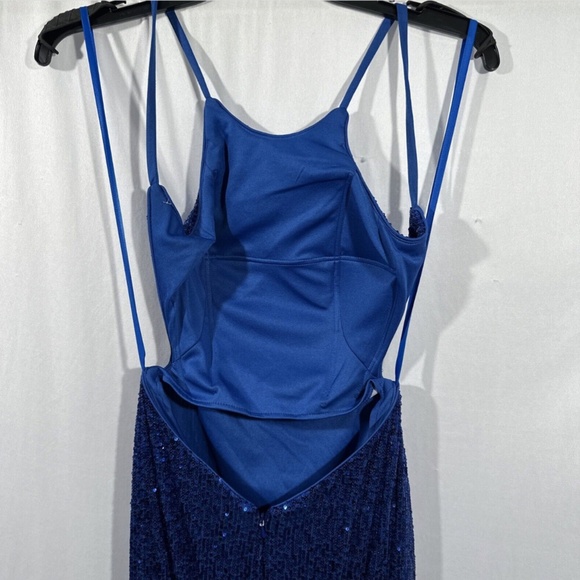 NEW $408 La Femme [ 00 ] Halter Sequin Open‎ Back Trumpet Gown Royal Blue - Picture 10 of 13